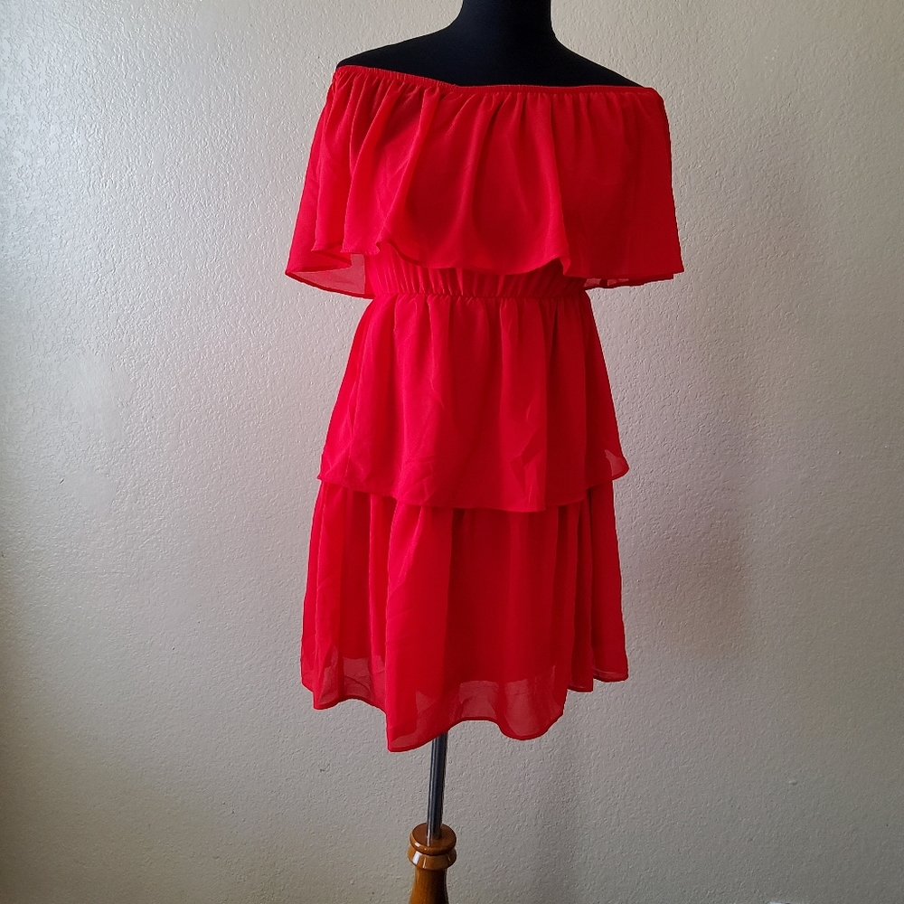 Boston Proper Tiered Off Shoulder Ruffle Mini Chiffon Dress Red XS New